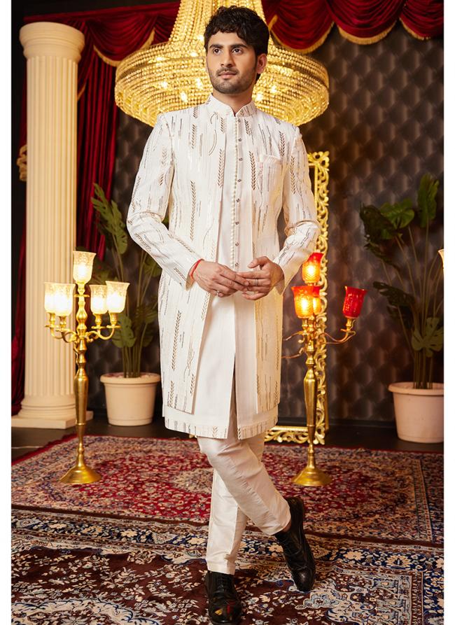 Art Silk Cream Wedding Wear Thread Work Readymade Indo Western Sherwani